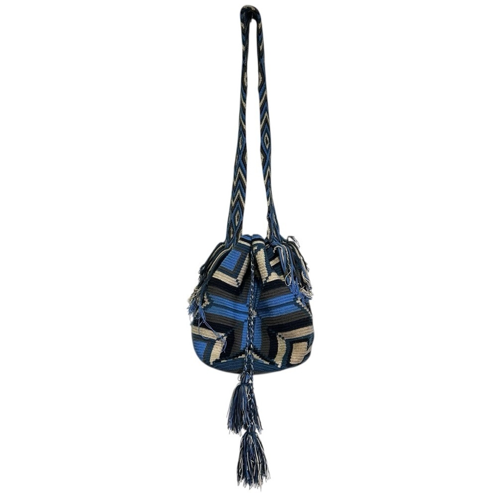 Handmade Blue Print Slouchy Fringe Purse Bag